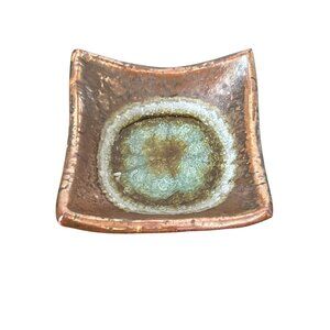 Dock 6 Pottery Trinket Dish Geode Crackle Glass Center Copper Glaze 5" Organic
